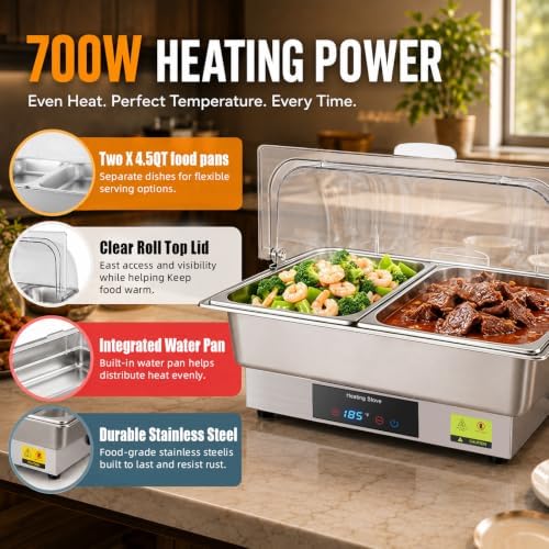 Electric Buffet Food Warmer with Touch Control, 2 * 4.5QT Half Size Stainless Steel Chafing Dish with Roll Top Lid for Catering and Events - Image 4