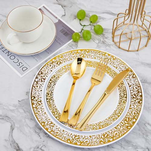 210 PCS Plastic Plates Set With Gold Rim Dinnerware Set for 30 Guests - Image 4