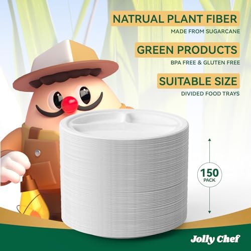 JOLLY CHEF Heavy Duty Compostable 3 Compartment Paper Plate 10 Inch 150 Pcs - Image 6