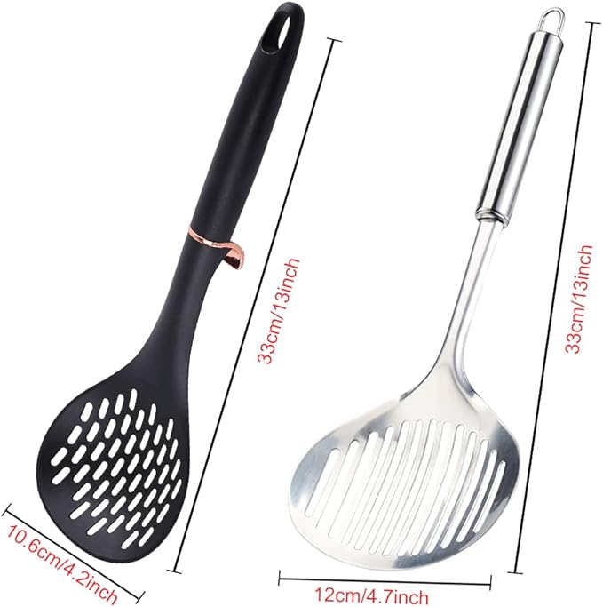 TENTA Kitchen 2pcs Pasta Spoon Kitchen Spoons Spider Strainer Metal Strainer Wok Utensils Spider Skimmer Stainless Steel & Nylon Slottes Spoon, Spatula For Nonstick Pot and Stainless Steel/Iron Wok