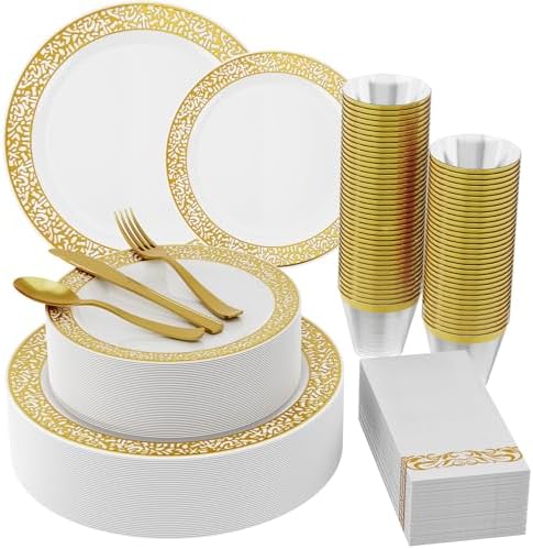210 PCS Plastic Plates Set With Gold Rim Dinnerware Set for 30 Guests by JOLLYCHEF