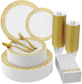 210 PCS Plastic Plates Set With Gold Rim Dinnerware Set for 30 Guests by JOLLYCHEF