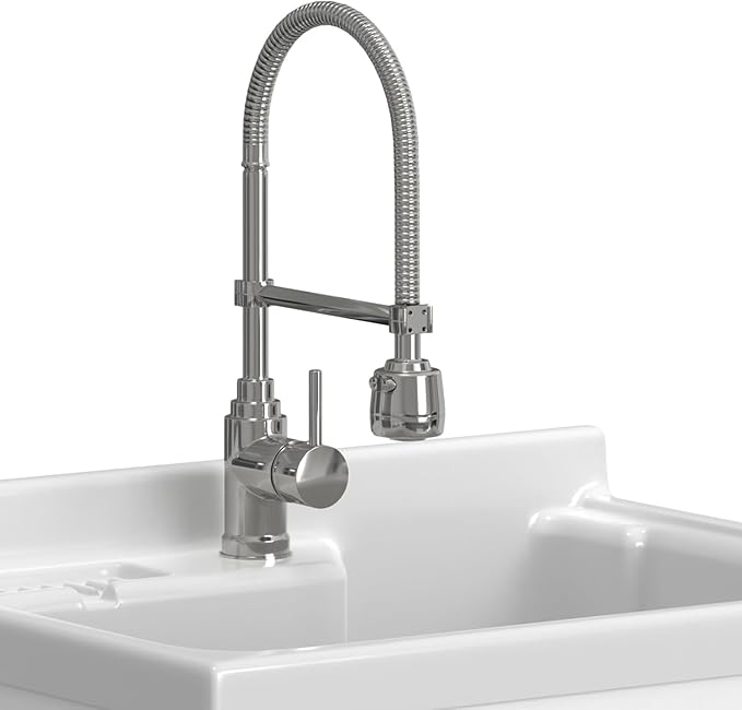 SIMPLIHOME Hennessy All-in-One 28 inch Wide Utility Sink and Laundry Cabinet in Pure White Finish, Transitional ABS Sink Cabinet for Laundry Rooms with High-Arch Chrome Faucet and Pull-Out Spray