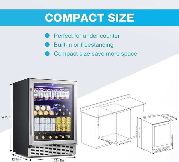 Antarctic Star Beverage Cooler, 24 Inch Built-In & Freestanding Drink Refrigerator for 180 Cans, 24" Under Counter Design for Kitchen, Bar, Office to Store Soda, Water and Wine