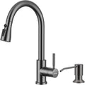 WEWE Kitchen Faucet with Pull Down Sprayer and Soap Dispenser, Stainless Steel Kitchen Sink Faucets, 3-Mode High Arc Single Handle Faucet for RV Farmhouse, Matte Gray