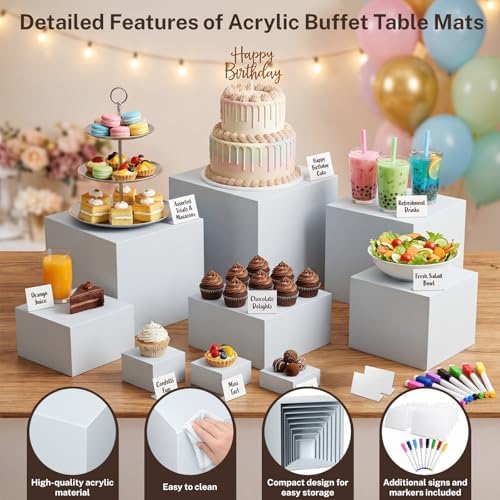 8 Pcs White Buffet Risers with Mini Sign and Marker, Food Risers Display Stands for Buffet Table Party Catering Dessert Jewelry Collectibles,Cube Nesting Boxes with Hollow Bottoms 8 Sizes (10" 9" 8" 7" 6" 5" 4" 3") - Image 3