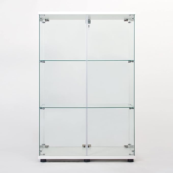3-Tier Glass Display Cabinet,Curio Cabinet with Tempered Glass Door,Floor Standing Curio Bookshelf for Living Room Bedroom Office with Locks, Side by Side Doors (2 Doors,3 Shelves - White)