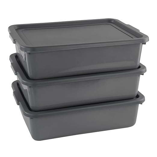 3-Pack 13 L Plastic Commercial Bus Tub, Gray Bus Box with Lid