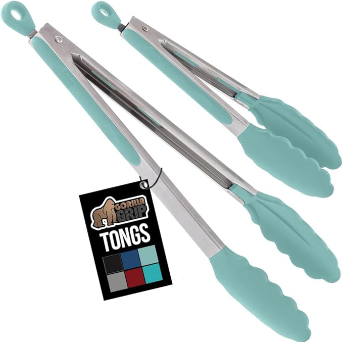 GORILLA GRIP Stainless Steel Heat Resistant Kitchen Tongs for Cooking, Set of 2 BBQ Tong, Non Scratch Silicone Tip for Pans, Strong Grip, Grab Food, Toss Salad, Air Fryer, Pull Lock, 7 + 9 Inch, Mint