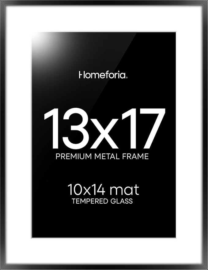 Homeforia 13x17 Picture Frame Black, High End Metal 13x17 Poster Frames with Mat 10x14 for Photo, 13 x 17 Black Frame Matted to 10 x 14 inch Print, 17x13 Thin Frame, Tempered Glass, Wall Kit, Set of 1