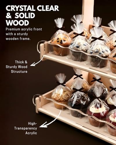 HOTCAN Cookie Display Stand for Bakers & Vendors with Acrylic Front | Wooden Dessert Stand with Chalkboard Sign for Market Booths, Craft Fairs & Events | 4 Tiered Cookie Display for Cupcakes, Muffins & Pastries (Natural) - Image 5