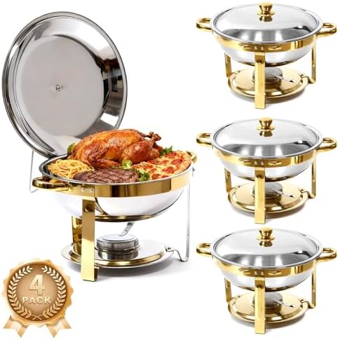 4-Pack Chafing Dish for Buffet Set, 6QT Round 304 Stainless Steel Complete Buffet Warmer – Includes Lids, Water Pans, Folding Stands & Clips for Catering, Events, Parties,Gold by Charcofire