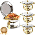 4-Pack Chafing Dish for Buffet Set, 6QT Round 304 Stainless Steel Complete Buffet Warmer – Includes Lids, Water Pans, Folding Stands & Clips for Catering, Events, Parties,Gold by Charcofire