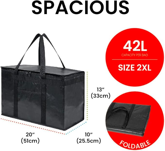 NZ home Insulated Bags for Food Delivery (2XL PRO) Grocery Shopping Cooler Bag, Pizza Delivery, Hot & Cold Catering Tote, Reusable, Foldable & Heavy Duty (2 Pack, Grey)