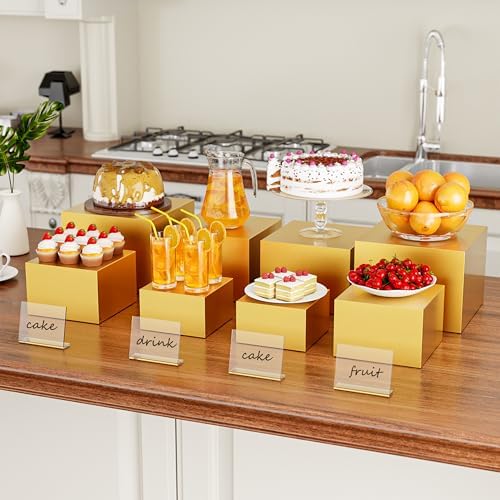 Metal Buffet Risers,4PCS Food Risers for Buffet Table 5in to 8in Display Stand with Mini Acrylic Signs for Catering Dessert Collectibles Jewelry Figures Show Gold Cube Boxes Nesting Risers with Hollow Bottoms - Image 3