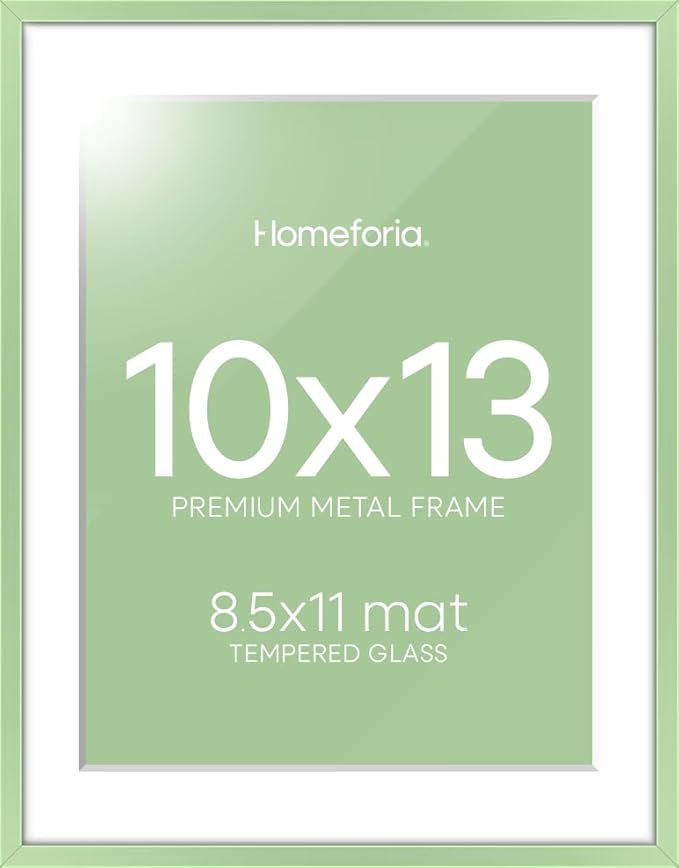 Homeforia 10x13 Picture Frame Sage Green, High End Metal 10x13 Wall Hanging Frame with Mat 8.5x11, 10 x 13 Poster Frames Matted to 8.5 x 11 inch Photo, 10by13 Frame, Tempered Glass, Wall Kit, Set of 1