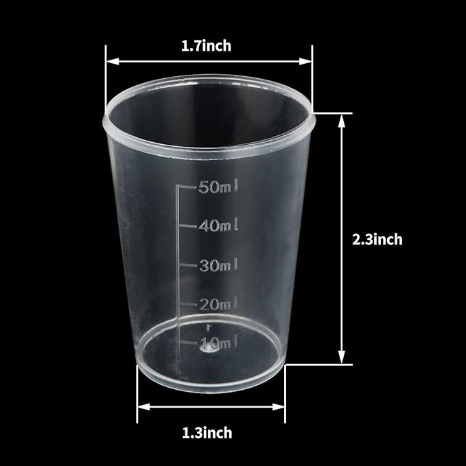 100pcs 50ML Plastic Graduated Measuring Beaker Set, Clear Liquid Measuring Mixing Cups for Epoxy Resin, Liquid Container Beakers for Resin Epoxy Paint Food, Lab Use, Raised Graduations, Tapered Spout