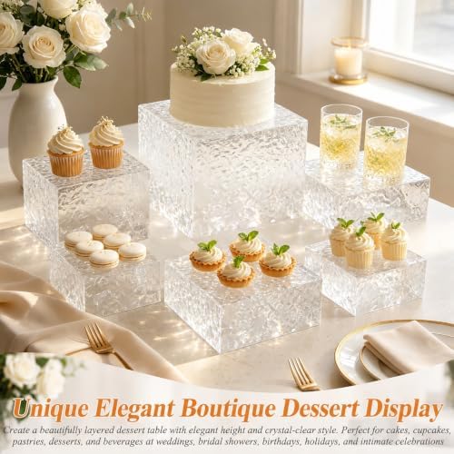 Acrylic Buffet Risers with Mini Sign and Maker, Clear Hammered Water Ripple Dessert Display Stands for Catering Cakes Cupcakes Desserts Drinks Décor Acrylic Display Risers Stackable Nesting Storage - Image 6