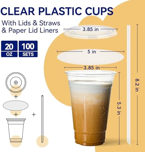 JOLLY CHEF 20 oz Plastic Cups with Lids and Straws 100 Sets Clear - Image 4
