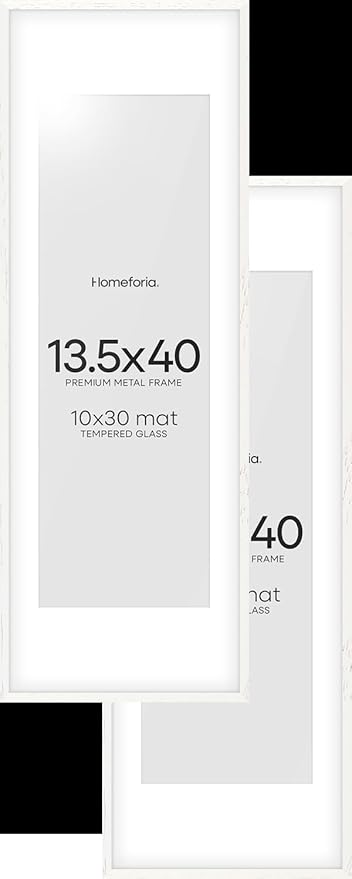 Homeforia 13.5x40 White Wood Picture Frame, High End Oak 13.5x40 Panoramic Poster Frames with Mat 10x30 Art, 13.5 x 40 Wooden Frame Matted to 10 x 30, 40x13.5 Frame, Tempered Glass, Wall Kit, Set of 2