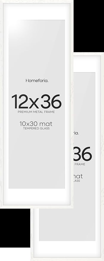 Homeforia 12x36 White Picture Frame, High End Oak 12x36 Wood Poster Frames with Mat 10x30 Art, 12 x 36 White Wooden Frames Matted to 10 by 30, 36x12 Panoramic Frame, Tempered Glass, Wall Kit, Set of 2