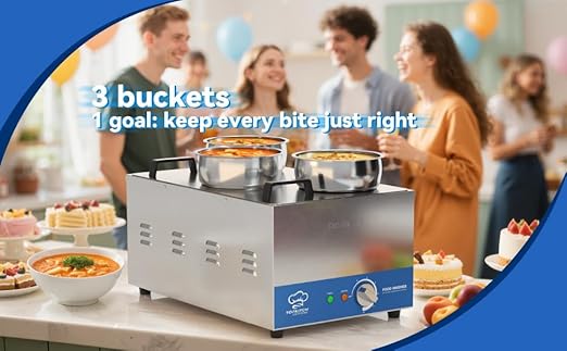 Commercial 12L Soup Warmer with 3×4L Pot Buffet Bain Marie， Commercial Electric Food Warmer, Seamless One-Piece Tank, 30-85℃ Adjustable Temp Range, UL Certified Key Components-120V,1200W