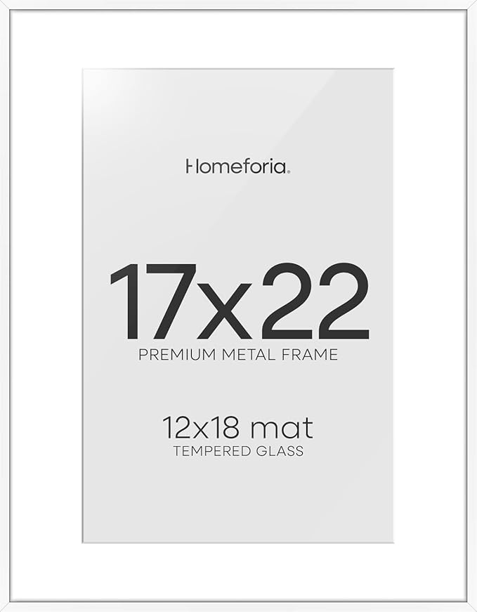 Homeforia 17x22 Picture Frame White, High End Metal 17x22 Poster Frames with Mat 12x18 Photo, 17 x 22 White Frame Matted to 12 by 18 Print, 22by17 Thin Hanging Frames, Tempered Glass, Wall Kit, Set of 1