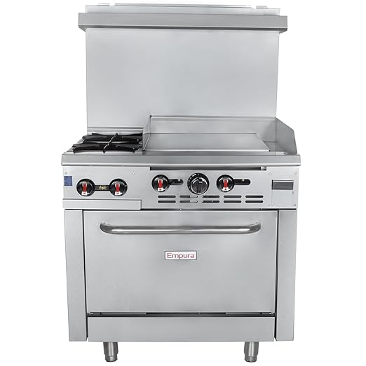 36" Freestanding Natural Gas Range | Cooking Stove with Single Standard Oven (2) Cast-Iron Open Burners and 24" Right Side Griddle | 130,000 BTU | 36"W x 32-1/4"D x 60-3/8"H, Stainless Steel