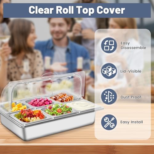 Ice Food Serving Display Tray with 6 Pan, Stainless Steel Salad Bar Buffet Station for Home, Pizza Topping Station, Ice Tray for Food Buffet, Cold Food Buffet Server for Party Home Hotel Kitchen - Image 3