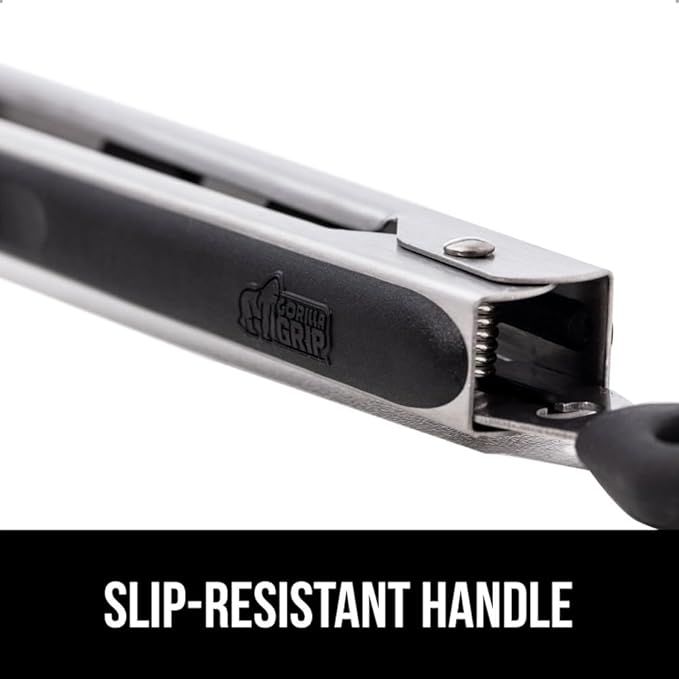 GORILLA GRIP Stainless Steel Heat Resistant Kitchen Tongs for Cooking, 7 + 9 + 12 Inch Set of 3 BBQ Tong, Non Scratch Silicone Tip for Pans, Strong Grip, Grab Food, Salad, Pull Lock, Black Gray Blue