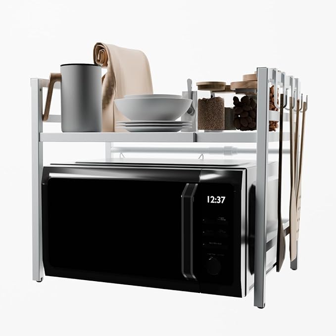 Microwave Oven Rack Expandable Countertop Heavy Duty Microwave Shelf 2-Tier Adjustable Metal Storage Shelf Rack for Kitchen (White)