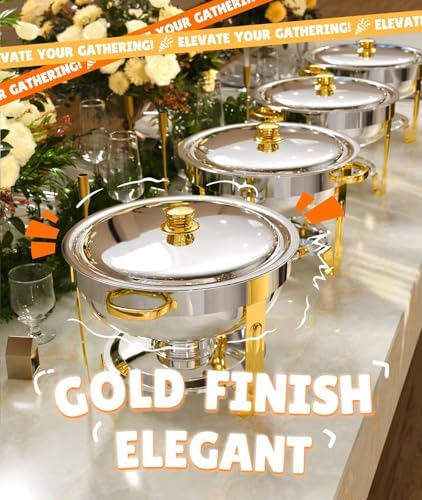 Chafing Dishes for Buffet 4 Pack, 6QT [Worry-Free Assemble] Food Warmers for Parties Buffet [Elegant Gold and Silver Colors] Stainless Steel Round Chafing Dish Buffet Set with Complete Set - Image 4