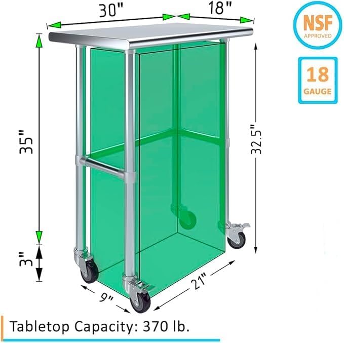 Stainless Steel Work Table Open Base & Wheels | Work Station | Metal Work Bench (Stainless Steel Work Table Open Base + Casters) (30" Long x 18" Deep)