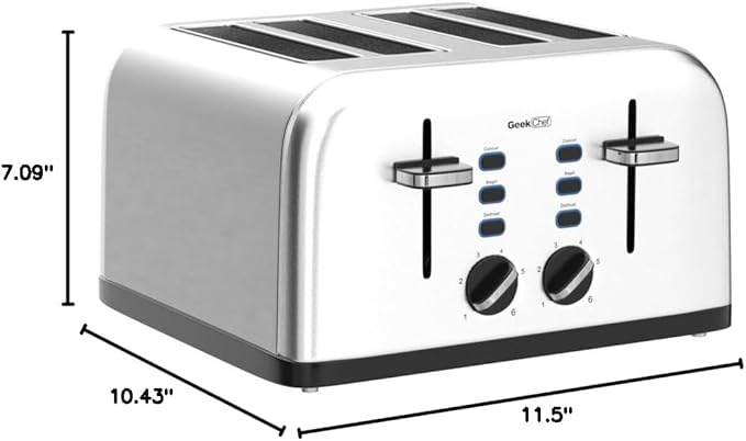 Toaster 4 Slice, Geek Chef Stainless Steel Extra-Wide Slot Toaster with Dual Control Panels of Bagel/Defrost/Cancel Function, 6 Toasting Bread Shade Settings, Removable Crumb Trays, Auto Pop-Up