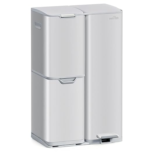 mVm 16 Gal Kitchen Trash Can, 3 Compartment Trash Can, Heavy Duty Anti Fingerprint Recycling Bin for Farmhouse Decor(Cement)