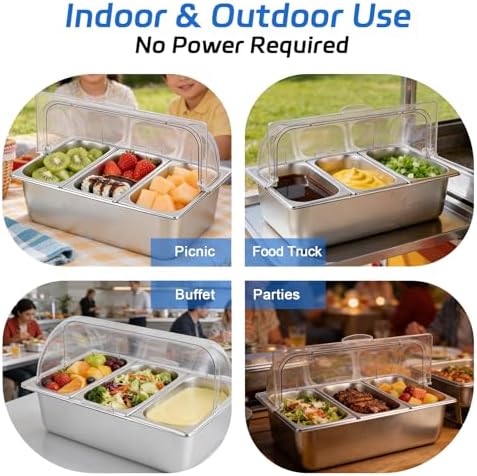 Cold Food Buffet Server 3 Pans×4QT with Ice Packs for Salad Pizza Sauce Colded Serving Trays Condiments Containers for Parties Buffet - Image 5