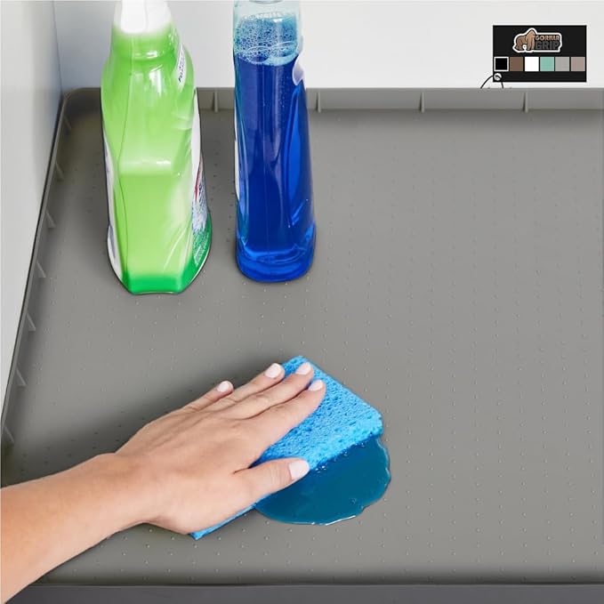 GORILLA GRIP Waterproof Silicone Under Sink Mat with Raised Lip for Kitchen and Bathroom, Cabinet Shelf Liner Stay in Place Mats Dishwasher Safe Drawer Liner, Organizer Tray, 19 x 34 in, Gray