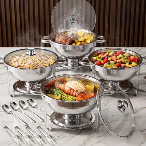 Chafing Dishes for Buffet, 4 Pack 5QT Stainless Steel Round Buffet Servers and Warmers, Buffet Warmer Set with 4 Serving Tongs & Spoons, Food Warmers for Parties, Weddings, Catering Events by Unknown