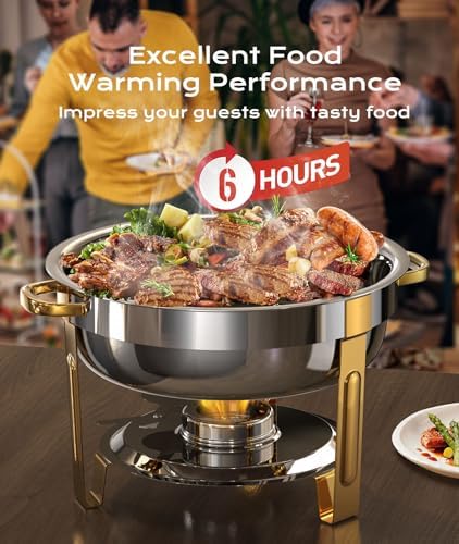 Chafing Dishes for Buffet 2 Pack, 6QT [Worry-Free Assemble] Round Chafing Dish Buffet Set [Elegant Gold and Silver Colors] Stainless Steel Chafers and Buffet Warmers Sets for Parties with Complete Set - Image 2