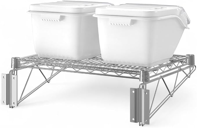 18" x 24" Chrome Wall-Mounted Wire Shelf Kit with Clip-in Ingredient Storage Bins, Heavy-Duty Steel Rack, Supports up to 600 lb, Flip-Top Lids, Open-Wire Design for Kitchen/Prep/Storage