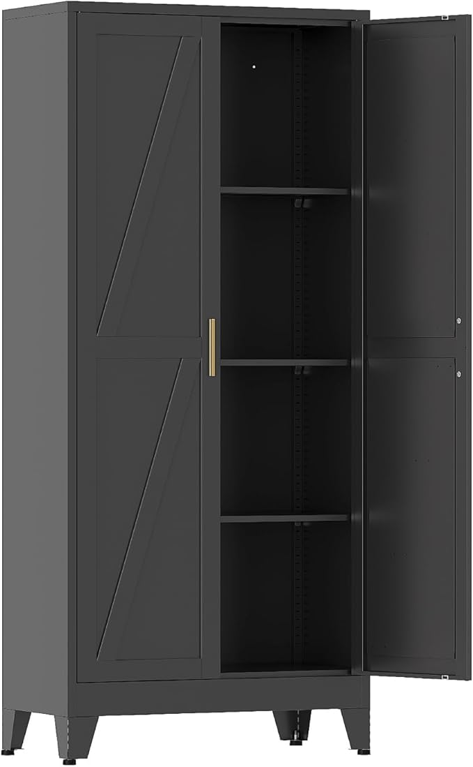 COFaR Black Metal Cabinet, 61 in Tall Metal Storage Cabinet with 3 Adjustable Shelves and Barn Doors, Farmhouse Cupboard Storage for Garage Kitchen Pantry Office, 4-Tier