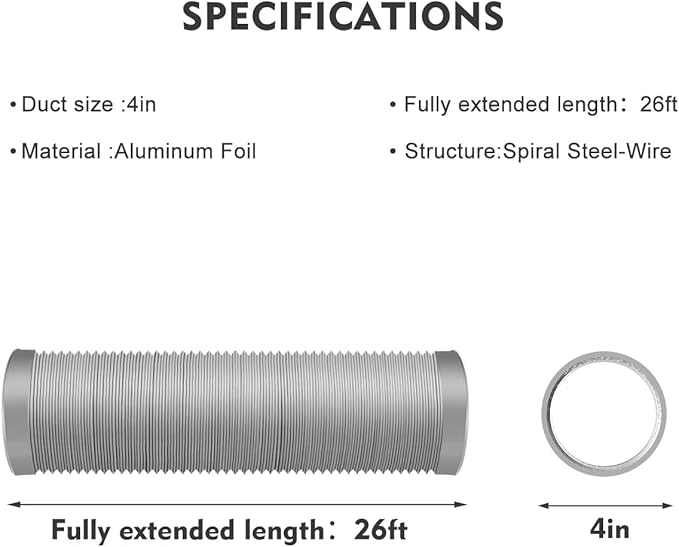 4-Inch Dryer Vent Hose 26FT, Flexible Aluminum Duct with 2 Clamps, Heavy-Duty Four Layer Protection for HVAC Ventilation and Exhaust Gray