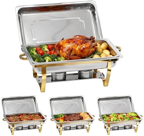 9Qt Chafing Dishes for Buffet, 4 Pack Gold 304 Stainless Steel Chafing Dish Sets, Food Warmers for Parties Buffet,Complete Buffet Servers and Warmers to Keep Food Warm by Charcofire
