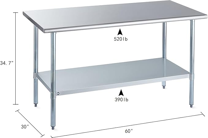 ROCKPOINT Stainless Steel Table for Prep & Work 30x60 Inches, NSF Metal Commercial Kitchen Heavy Duty Table with Adjustable Under Shelf and Table Foot for Restaurant, Home and Hotel