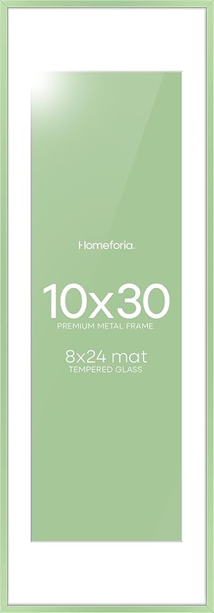 Homeforia 10x30 Sage Green Picture Frame, High End Metal 10by30 Poster Frames with Mat 8x24 Photo, 10 x 30 Green Frame Matted to 8 x 24 Print, 30x10 Panoramic Frame, Tempered Glass, Wall Kit, Set of 1