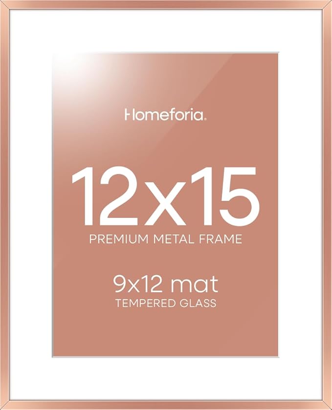 Homeforia 12x15 Rose Gold Picture Frame, High End Metal 12x15 Poster Frames with Mat 9x12 Photo, 12 x 15 Rose Gold Frames Matted to 9 by 12 Print, 15x12 Thin Frames, Tempered Glass, Wall Kit, Set of 1
