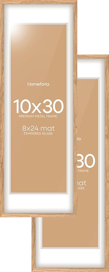 Homeforia 10x30 Wood Frame, High End Natural Oak 10x30 Light Wooden Picture Frame with Mat 8x24, 10 x 30 Poster Frames Matted to 8 by 24 Print, 30x10 Hanging Frames, Tempered Glass, Wall Kit, Set of 2