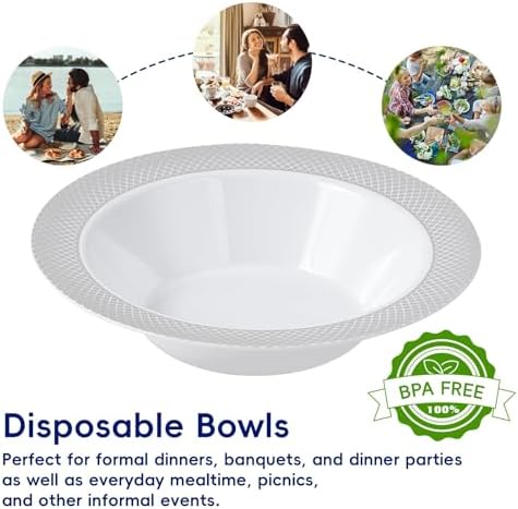 JOLLY CHEF Plastic Bowls with Silver Grid Rim Disposable 12oz Bolws 50Pack - Image 4