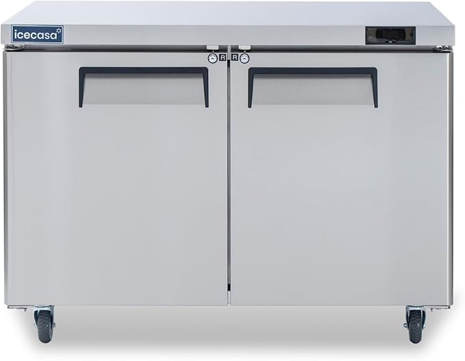 ICECASA 48" W Commercial Refrigerator Worktop Undercounter Refrigerator 2 Door Stainless Steel Counter Fan Cooling Refrigerator 13 Cu.ft for Restaurant, Bar, Shop, etc