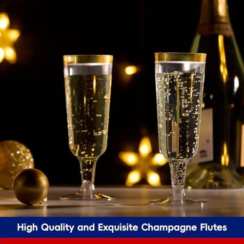 JOLLY CHEF 100 Pack Elegant Gold Rimmed Plastic Cups & 50 Pack 5 oz Gold Rim Plastic Champagne Glasses - Image 5